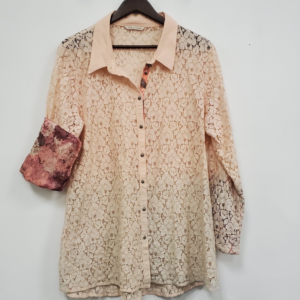 Soft Surroundings Women All Over Lace Button Up Top Size XL Pink Contrast Sleeve
